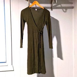 Olive Green Long Sleeve Wrap Midi Dress 